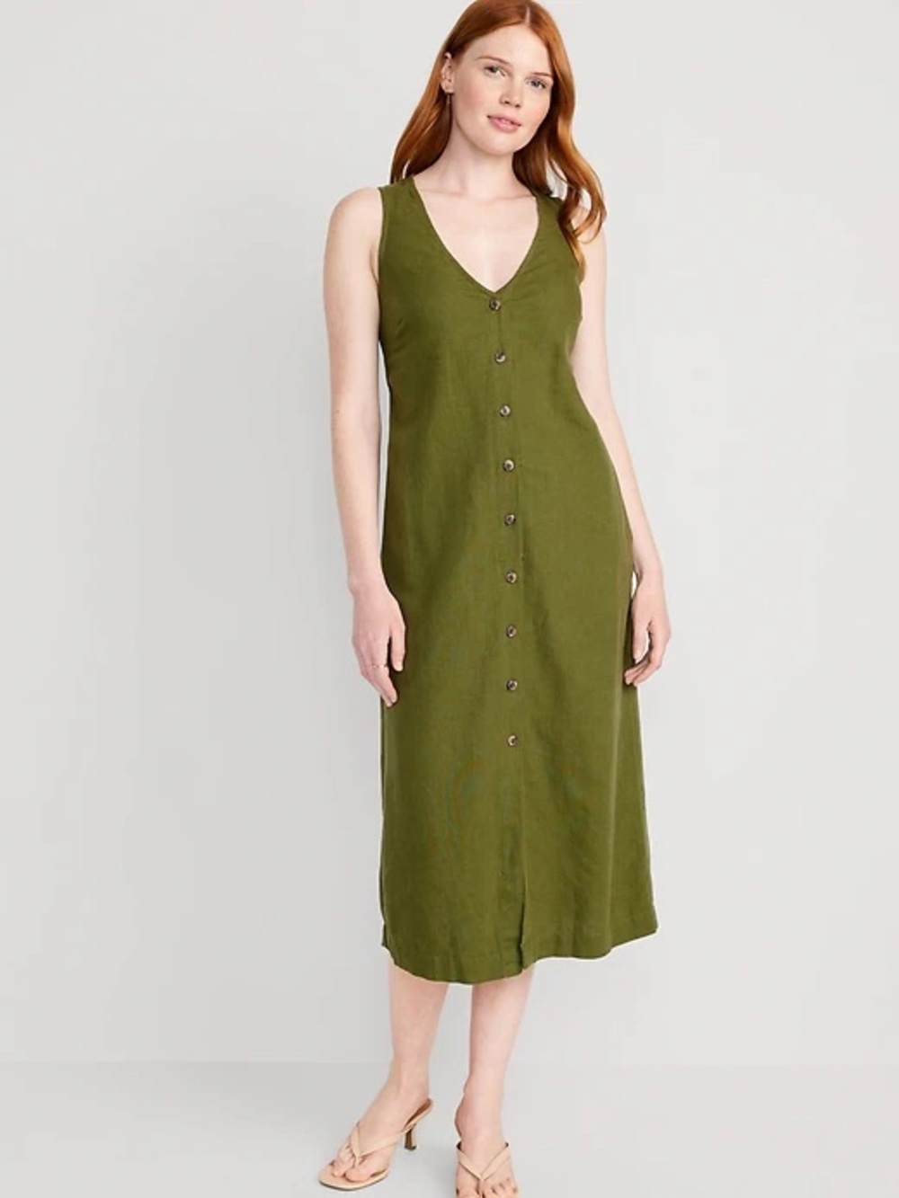 Linen Blend Sleeveless Olive Green Button-Front Midi Dress